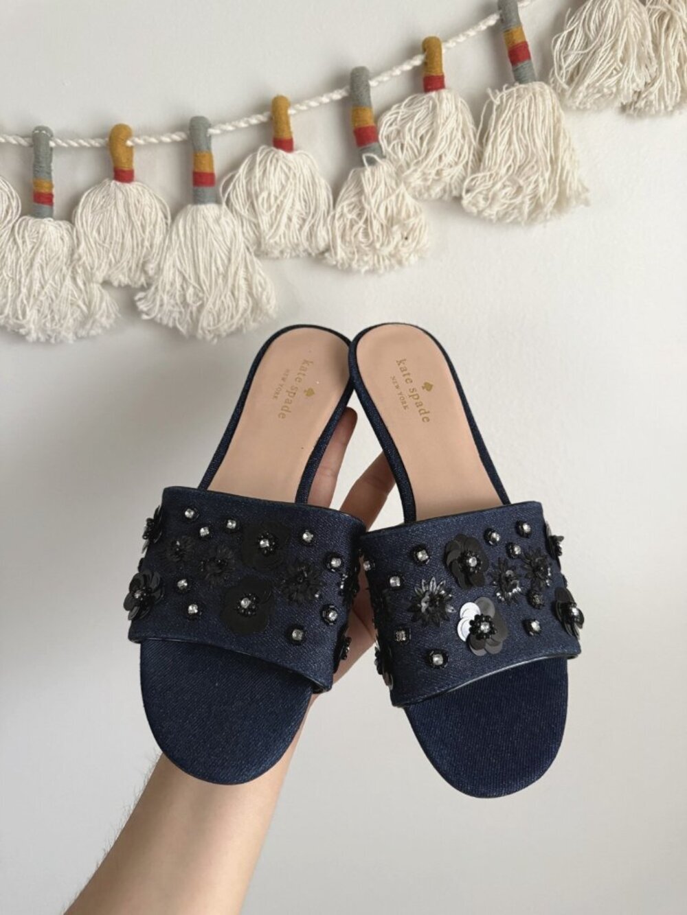 Kate Spade Alice Denim Sequin Flowers Slide Sandals Blue Glam Feminine Coquette - Picture 4 of 7